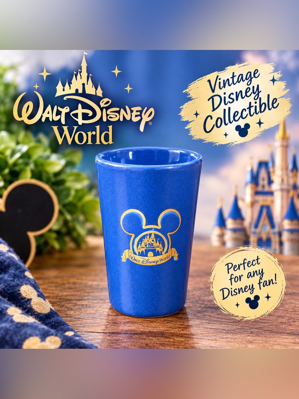 🐭 Vintage Walt Disney World Cobalt Blue Castle Toothpick Holder Shot Glass